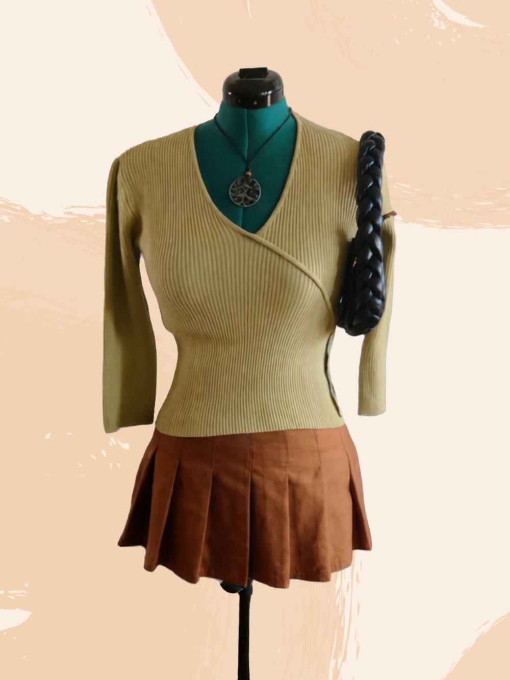 Ribbed Wrap-Front Sweater Top in Olive Green